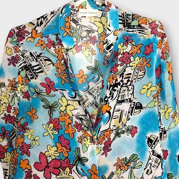 Marsh Landing Top Womens Medium Silk Button Down Tunic Shirt Tropical Coverup - Picture 4 of 10